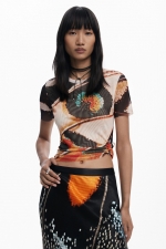 Tricou din tull multicolor cu imprimeu fluturi