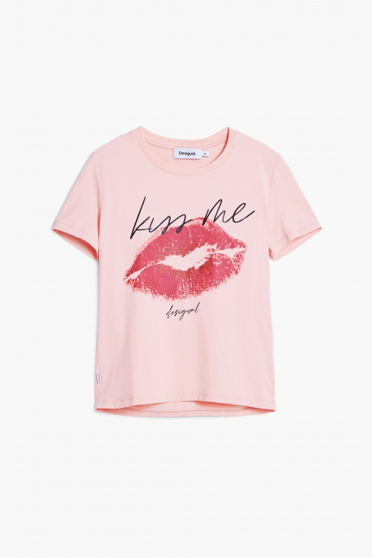 Tricou roz slim cu imprimeu buze și mesaj