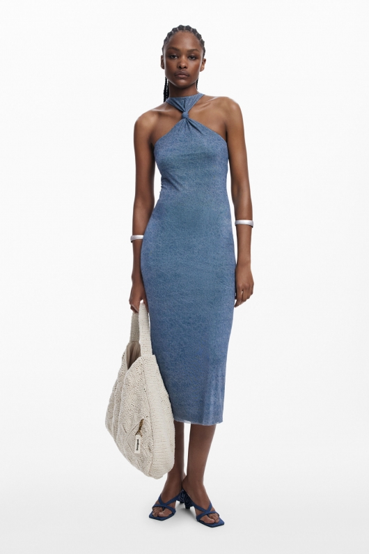 Rochie midi tulle albastru denim mulată