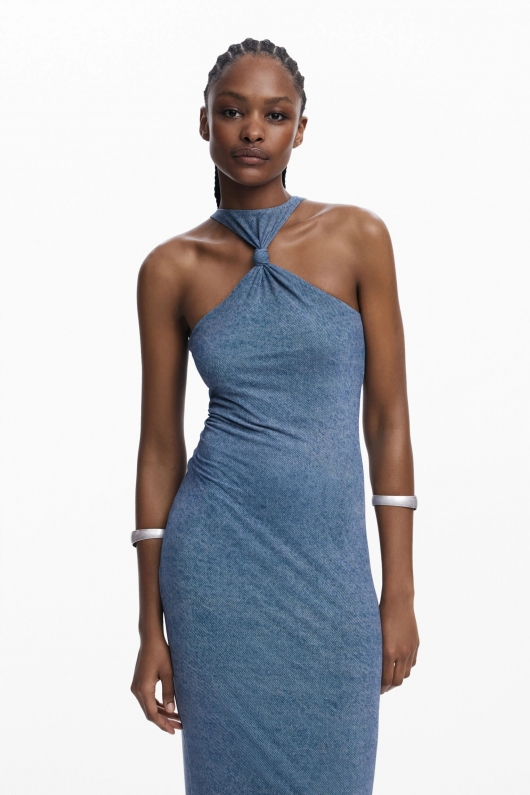 Rochie midi tulle albastru denim mulată