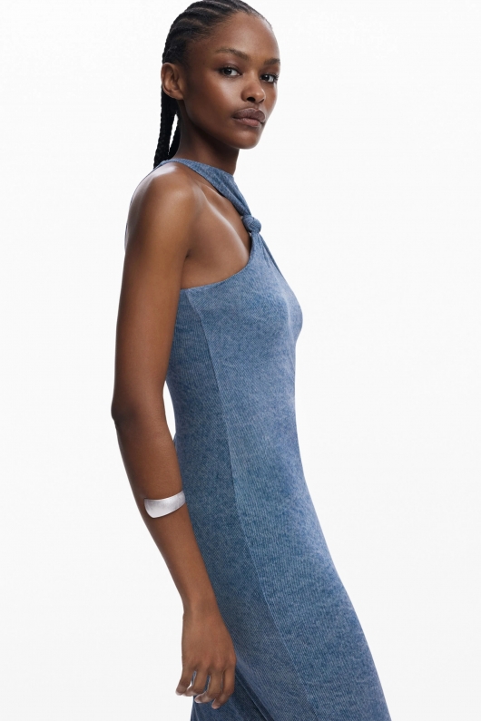 Rochie midi tulle albastru denim mulată