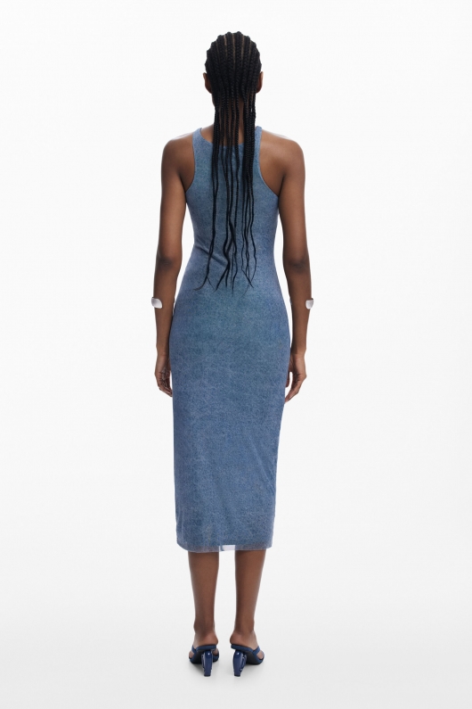 Rochie midi tulle albastru denim mulată