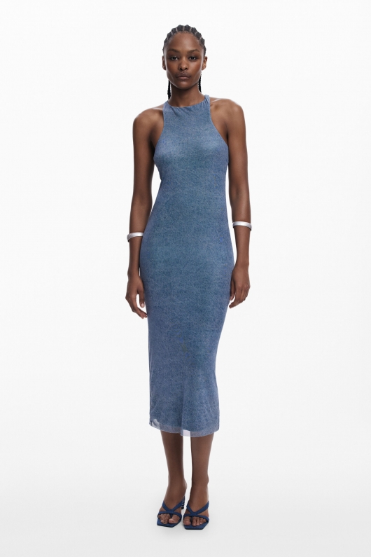 Rochie midi tulle albastru denim mulată