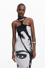 Rochie albă midi cu imprimeu Arty și nod