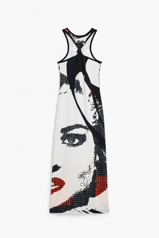 Rochie albă midi cu imprimeu Arty și nod