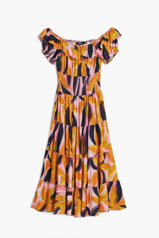 Rochie lungă cu volane și imprimeu floral