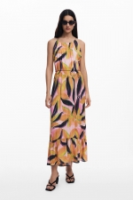 Rochie midi cu print floral tropical și volan