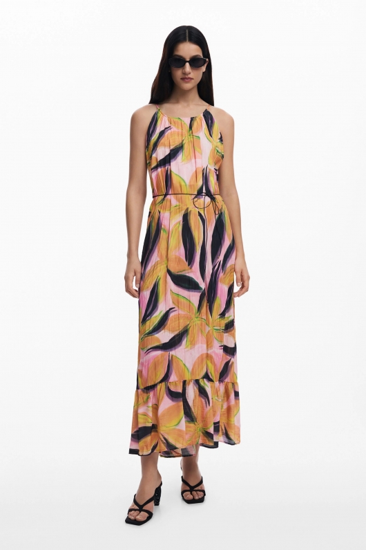 Rochie midi cu print floral tropical și volan