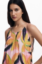 Rochie midi cu print floral tropical și volan