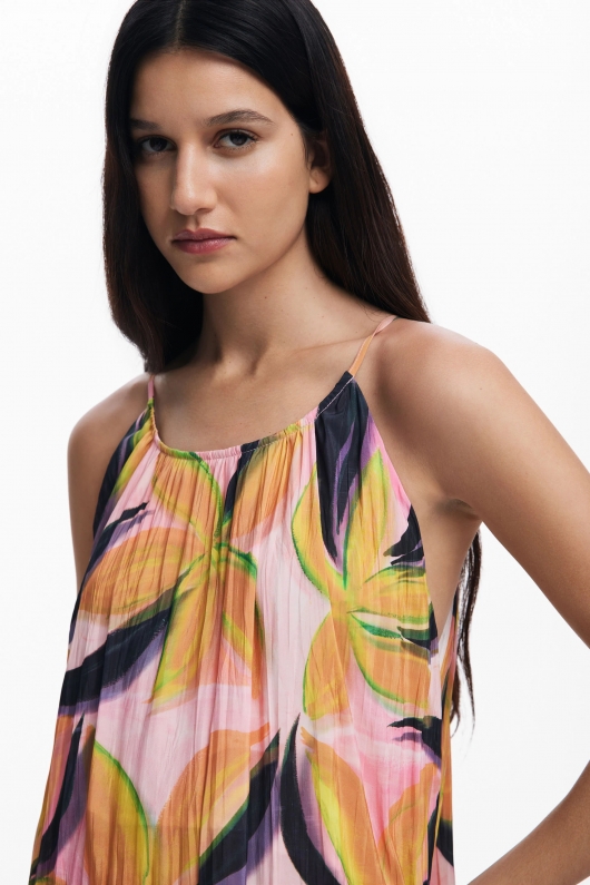 Rochie midi cu print floral tropical și volan