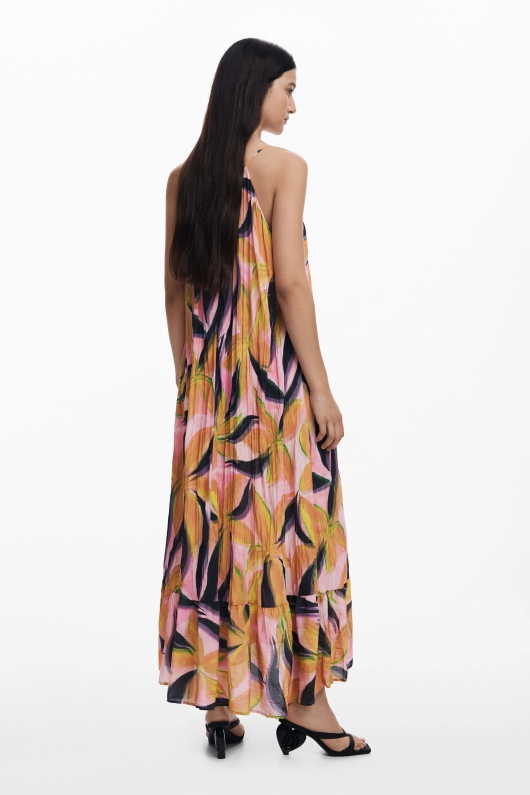 Rochie midi cu print floral tropical și volan