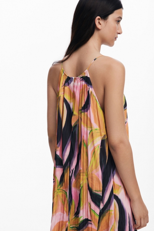 Rochie midi cu print floral tropical și volan