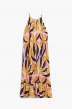Rochie midi cu print floral tropical și volan