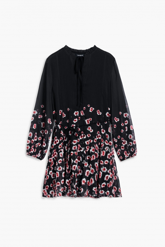 Rochie scurtă neagră cu print floral și cordon