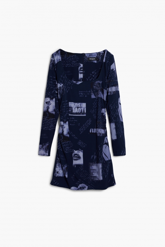 Rochie scurtă albastră cu imprimeu și mâneci lungi
