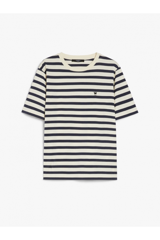 Tricou alb cu dungi negre și logo brodat