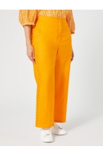 Pantaloni galbeni din in cu broderie geometrică