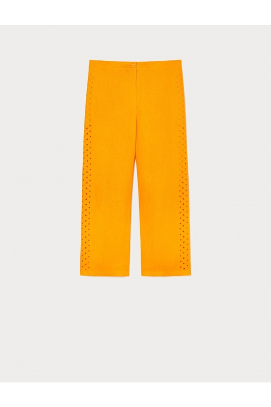 Pantaloni galbeni din in cu broderie geometrică