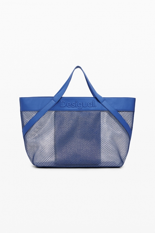 Geantă shopper albastră din plasă cu logo 3D