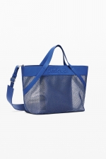 Geantă shopper albastră din plasă cu logo 3D