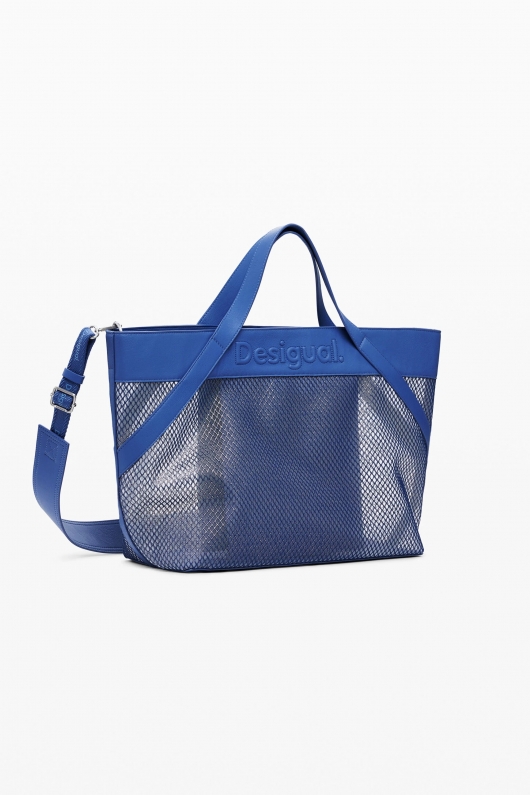 Geantă shopper albastră din plasă cu logo 3D