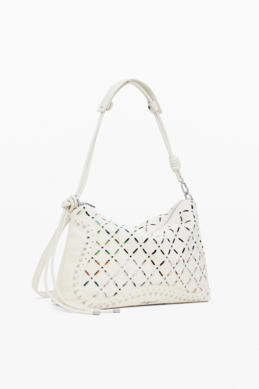 Geantă crossbody neagră cu perforații și ținte