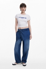 Pantaloni denim albastru baggy cu fundă