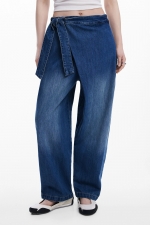 Pantaloni denim albastru baggy cu fundă