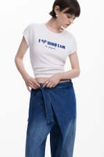 Pantaloni denim albastru baggy cu fundă