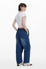 Pantaloni denim albastru baggy cu fundă
