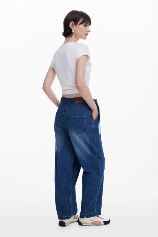 Pantaloni denim albastru baggy cu fundă