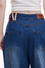 Pantaloni denim albastru baggy cu fundă
