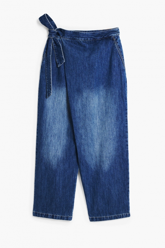 Pantaloni denim albastru baggy cu fundă