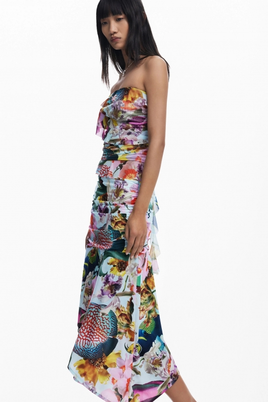 Fustă midi asimetrică cu imprimeu floral multicolor