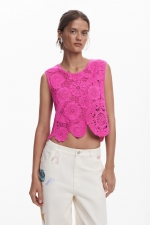 Top roz cropped croșetat fără mâneci