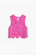 Top roz cropped croșetat fără mâneci