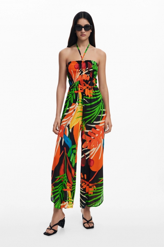 Salopetă lungă cu imprimeu tropical multicolor