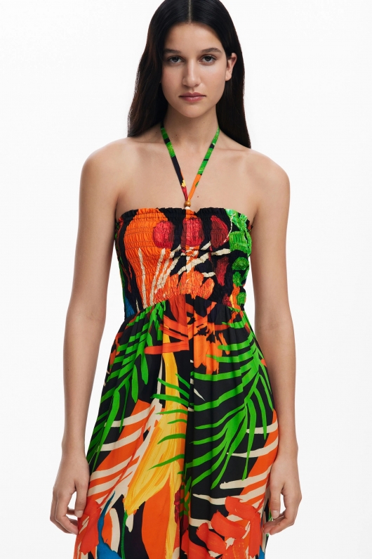 Salopetă lungă cu imprimeu tropical multicolor