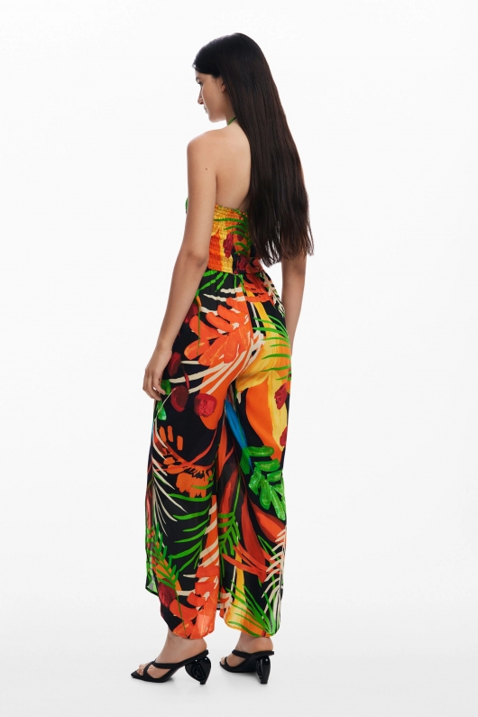 Salopetă lungă cu imprimeu tropical multicolor