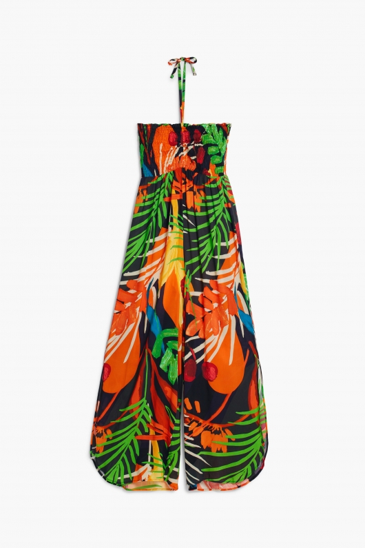 Salopetă lungă cu imprimeu tropical multicolor