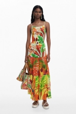 Rochie lungă cu imprimeu tropical și volane