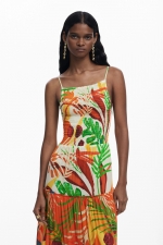 Rochie lungă cu imprimeu tropical și volane