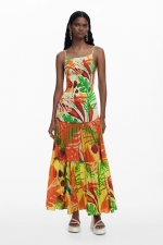 Rochie lungă cu imprimeu tropical și volane