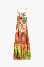 Rochie lungă cu imprimeu tropical și volane