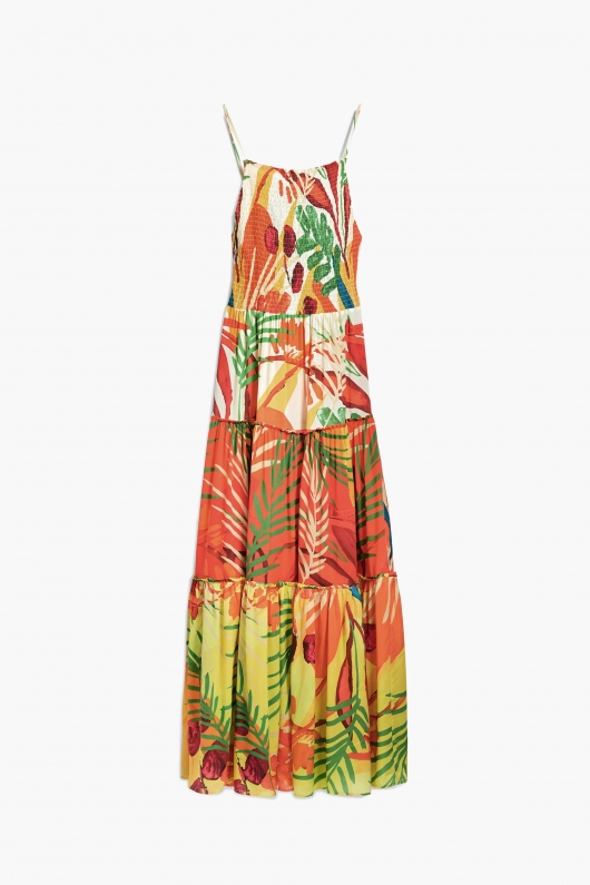 Rochie lungă cu imprimeu tropical și volane