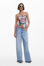 Top tulle multicolor bardot cu volane asimetrice