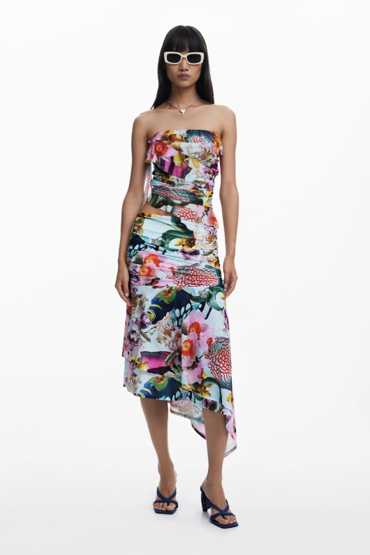 Top tulle multicolor bardot cu volane asimetrice