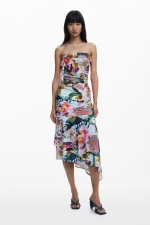 Top tulle multicolor bardot cu volane asimetrice