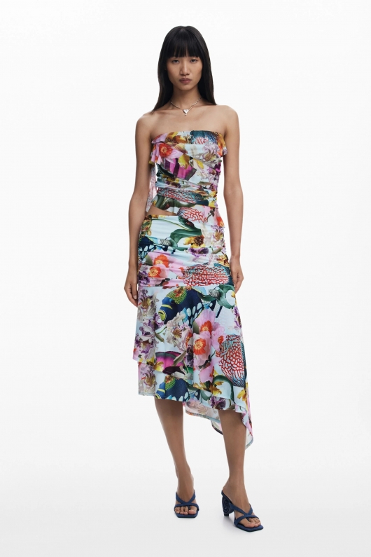 Top tulle multicolor bardot cu volane asimetrice