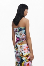 Top tulle multicolor bardot cu volane asimetrice